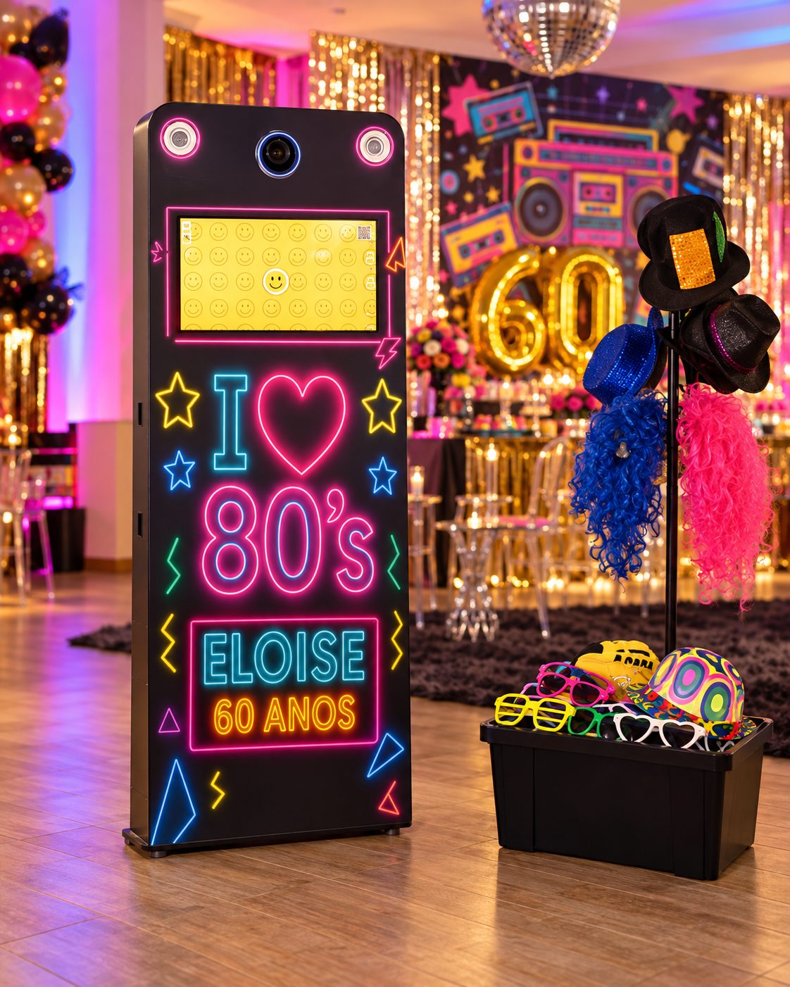 Totem Fotto Legal personalizado com tema anos 80 para os 60 anos da Eloise, ao lado da caixa de adereços